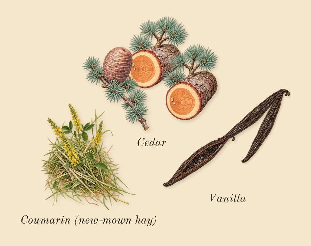 Uomo Born in Roma Yellow Dream, dry-down: Vanilla, Cedar, Coumarin (new-mown hay)