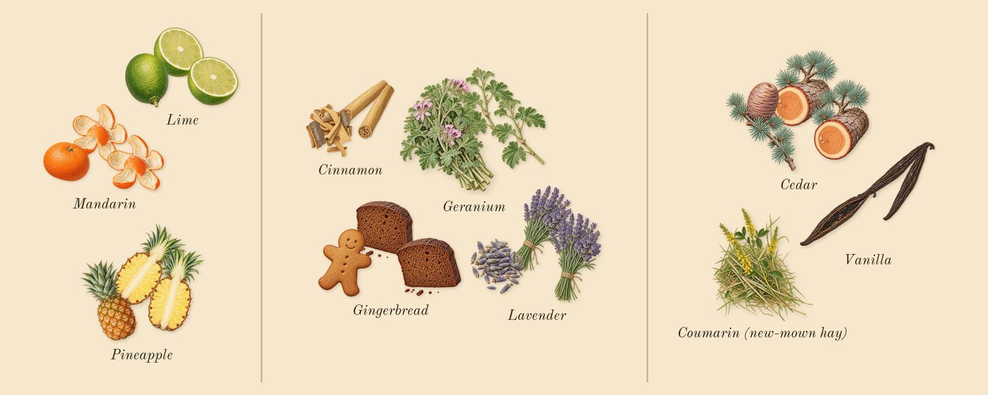Uomo Born in Roma Yellow Dream’s scent picture, a draft: mandarin, lime, pineapple, lavender, geranium, gingerbread drawn so far; dashed outlines where nothing is drawn yet