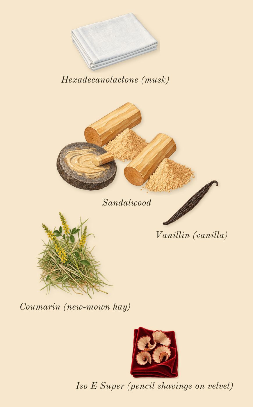 Vendetta Donna, dry-down: Sandalwood, Iso E Super (pencil shavings on velvet), Vanillin (vanilla), Coumarin (new-mown hay), Hexadecanolactone (musk)