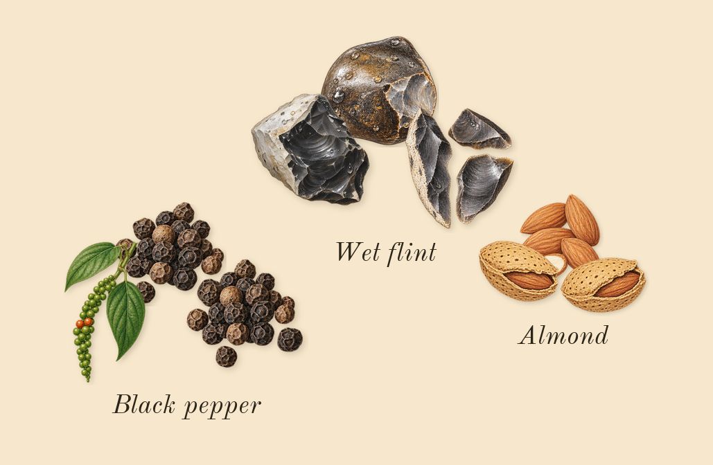 Bois Doré, top notes: Black pepper, Wet flint, Almond