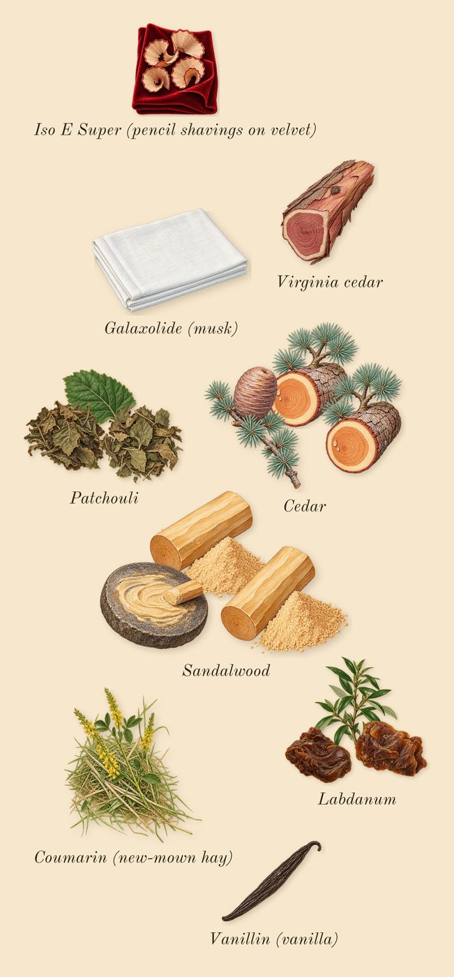 Délices des Bois, dry-down: Sandalwood, Patchouli, Cedar, Labdanum, Virginia cedar, Iso E Super (pencil shavings on velvet), Galaxolide (musk), Coumarin (new-mown hay), Vanillin (vanilla)
