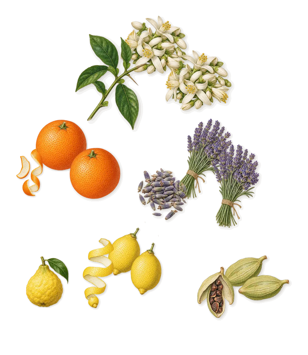 Eau d'Azur, when you spray it: Neroli, Lavender, Cardamom, Lemon, Sweet orange, Bergamot