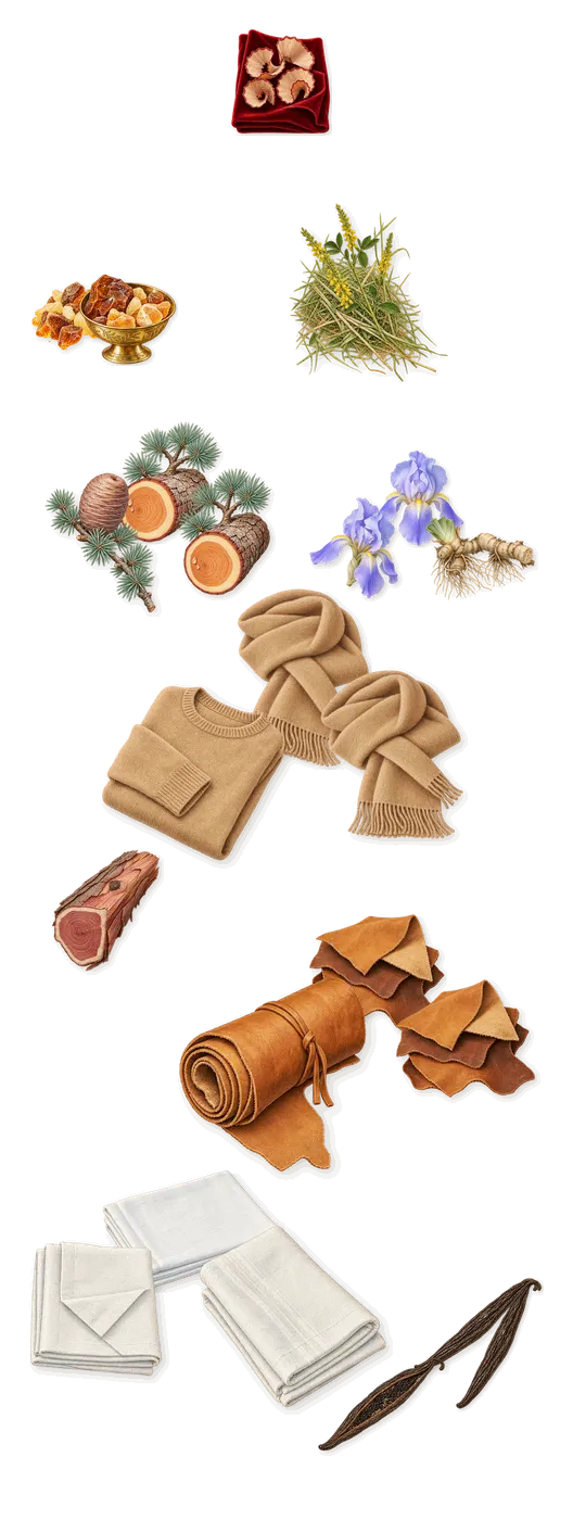 Le Point G, what stays: Iris, Vanilla (vanillin), Leather, Musk, Cedar, White musks, Amber, Virginia cedar, Iso E Super (pencil shavings on velvet), Coumarin (new-mown hay)