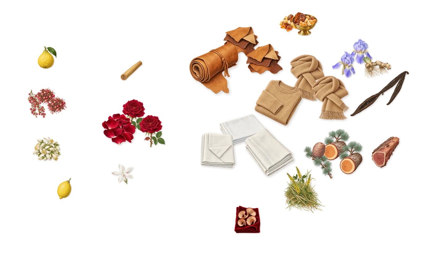 Le Point G’s scent picture, a draft: iris, rose, vanilla (vanillin), leather, musk, cedar drawn so far; dashed outlines where nothing is drawn yet