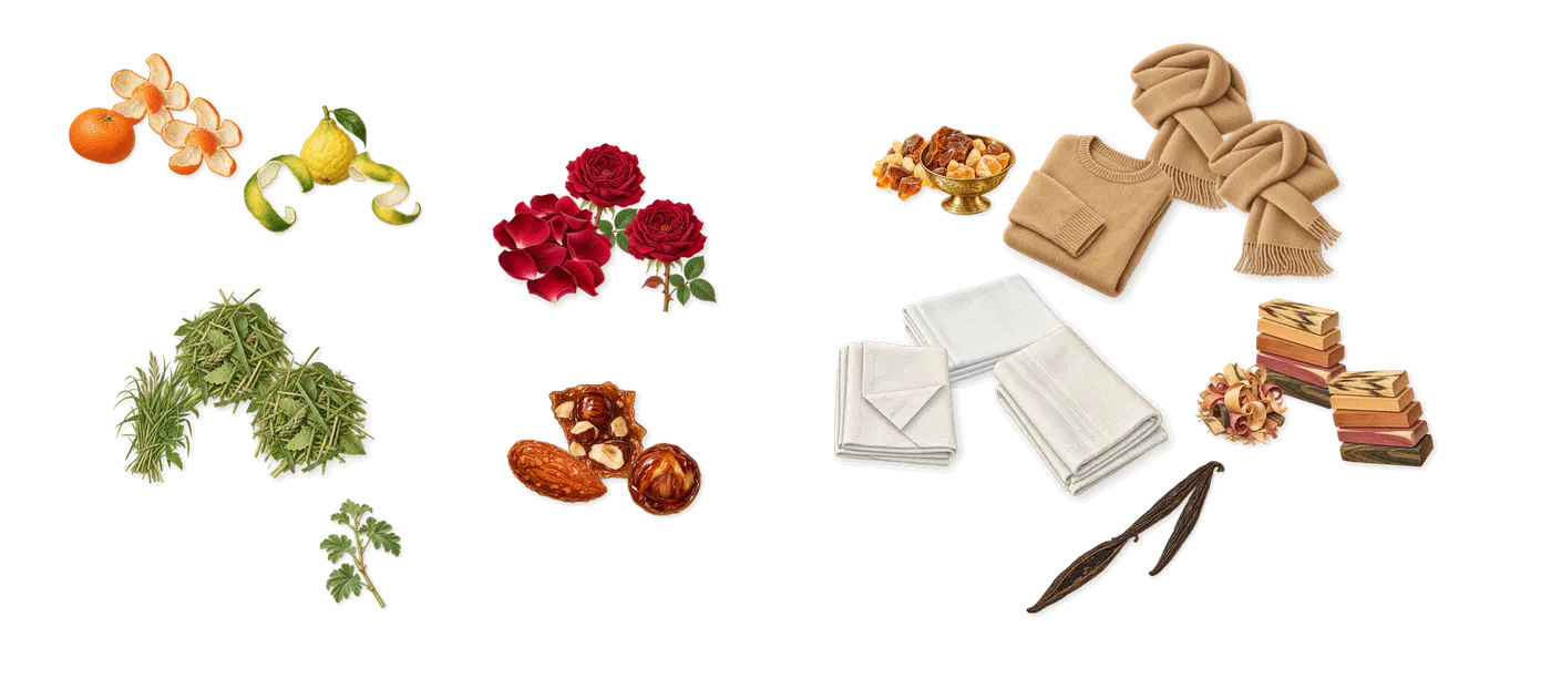 Rose Première’s scent picture, a draft: mandarin, bergamot, green notes, rose, praline, vanilla (vanillin) drawn so far; dashed outlines where nothing is drawn yet