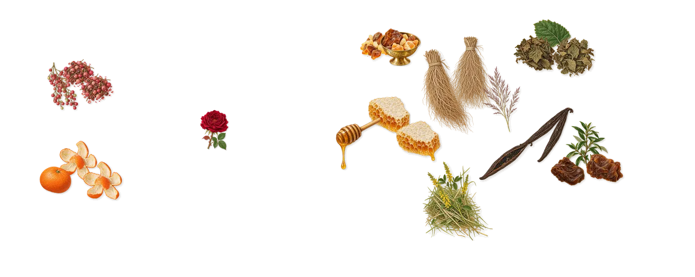 Sexy Garrigue’s scent picture, a draft: mandarin, labdanum, patchouli, honey, vanilla, vetiver drawn so far; dashed outlines where nothing is drawn yet