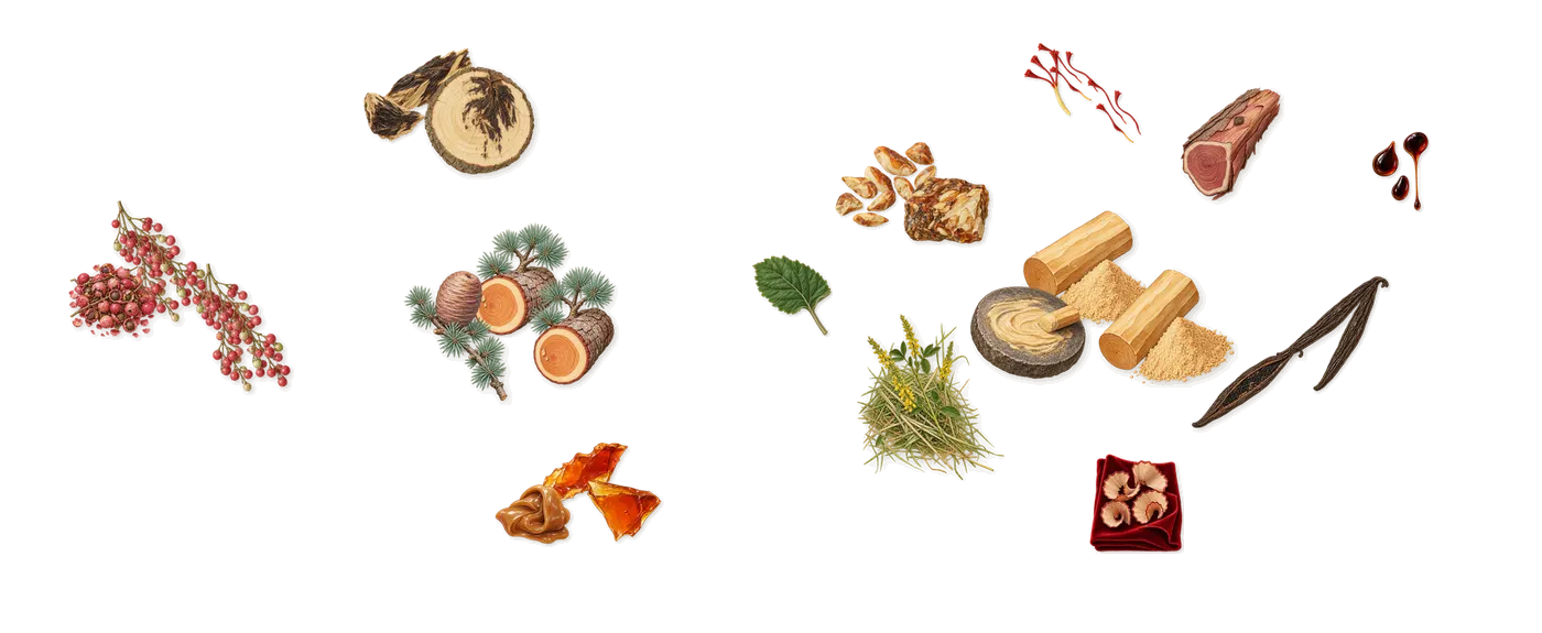Ambre Nectar’s scent picture, a draft: pink pepper, caramel, cedar, oud, vanilla (vanillin), sandalwood drawn so far; dashed outlines where nothing is drawn yet