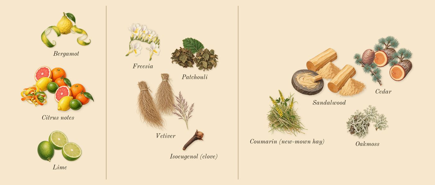Blue Jeans’s scent picture, a draft: bergamot, citrus notes, lime, freesia, patchouli, vetiver drawn so far; dashed outlines where nothing is drawn yet