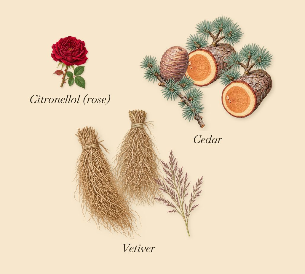 Cédrat de Diamante, as it settles: Vetiver, Cedar, Citronellol (rose)