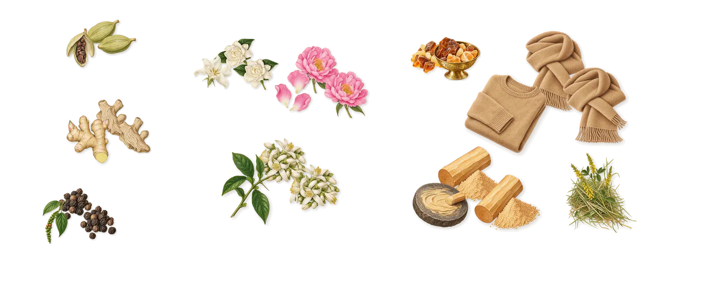 Crystal Noir’s scent picture, a draft: cardamom, black pepper, ginger, gardenia, peony, orange flower drawn so far; dashed outlines where nothing is drawn yet