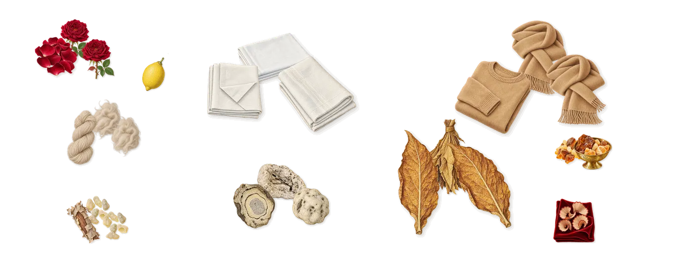 Éclat de Rose’s scent picture, a draft: rose, cashmeran (cashmere wood), cetalox (ambergris), helvetolide (musk), amber, frankincense drawn so far; dashed outlines where nothing is drawn yet