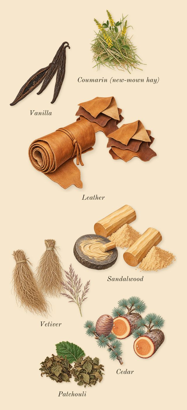 Eros, dry-down: Cedar, Vetiver, Patchouli, Sandalwood, Vanilla, Leather, Coumarin (new-mown hay)