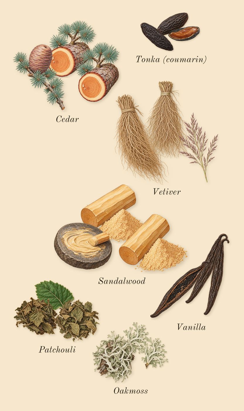 Eros Flame, dry-down: Patchouli, Vetiver, Vanilla, Cedar, Oakmoss, Sandalwood, Tonka (coumarin)