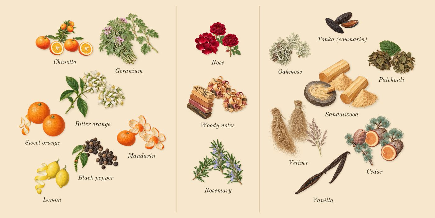 Eros Flame’s scent picture, a draft: chinotto, black pepper, rosemary, woody notes, patchouli, vetiver drawn so far; dashed outlines where nothing is drawn yet
