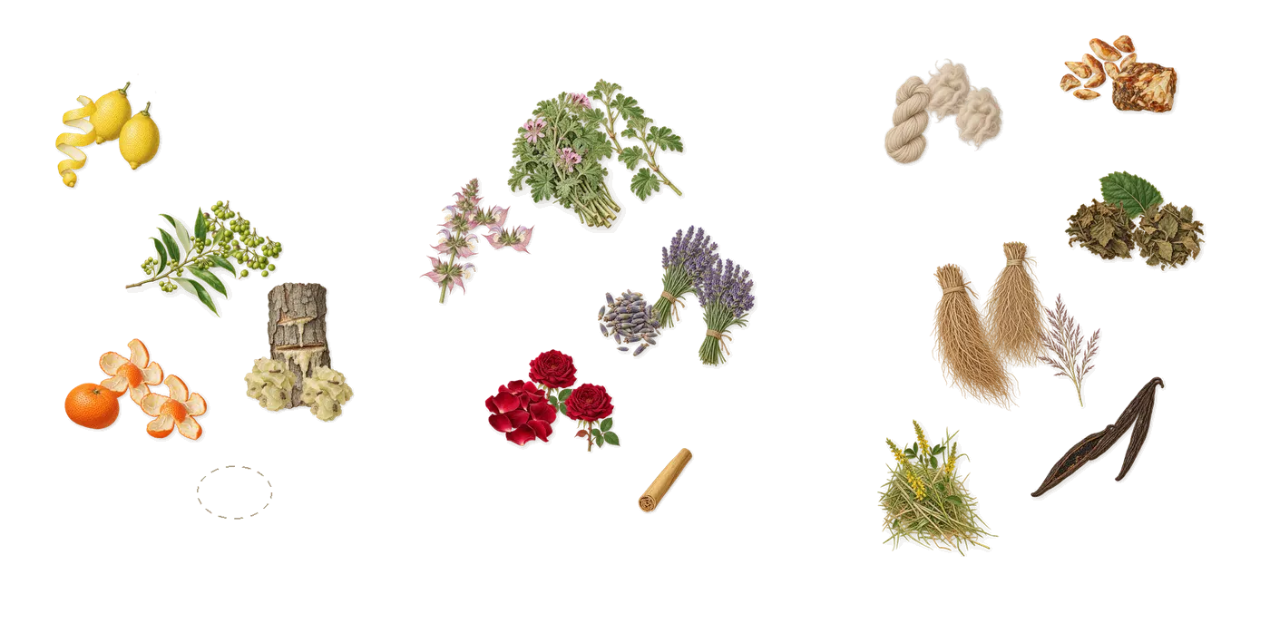 Eros’s scent picture, a draft: lemon, mandarin, litsea, elemi, pomarose (rose), geranium drawn so far; dashed outlines where nothing is drawn yet
