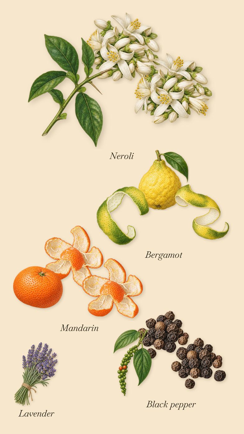 Figue Blanche, when you spray it: Bergamot, Mandarin, Black pepper, Neroli, Lavender