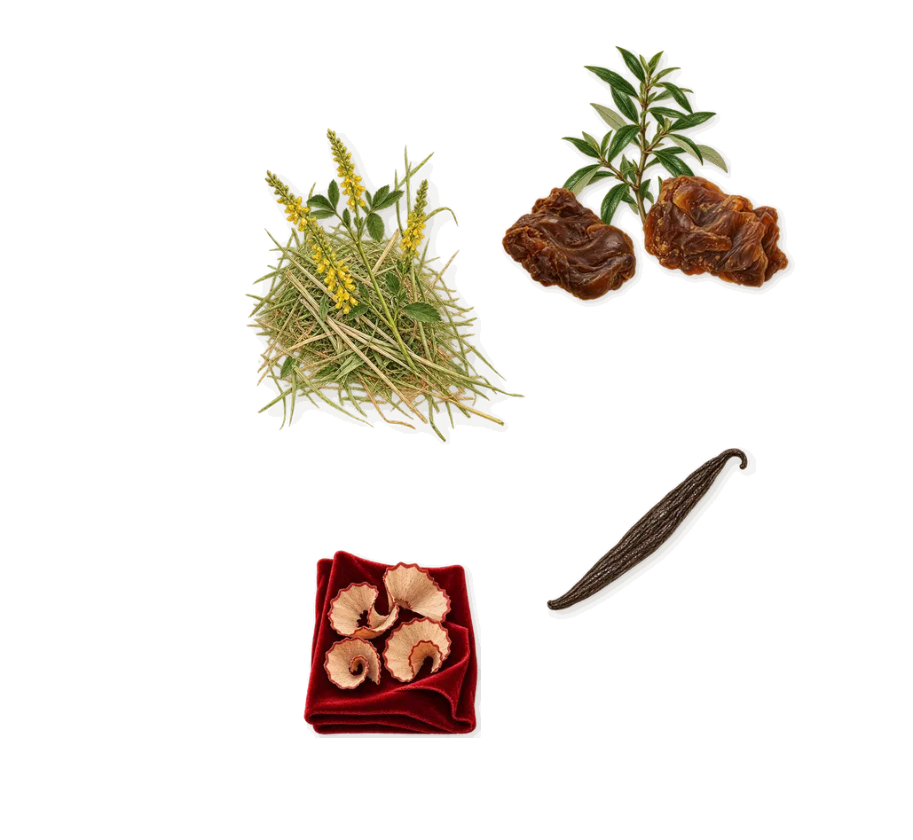 Fleur de Maté, what stays: Labdanum, Iso E Super (pencil shavings on velvet), Vanillin (vanilla), Coumarin (new-mown hay)