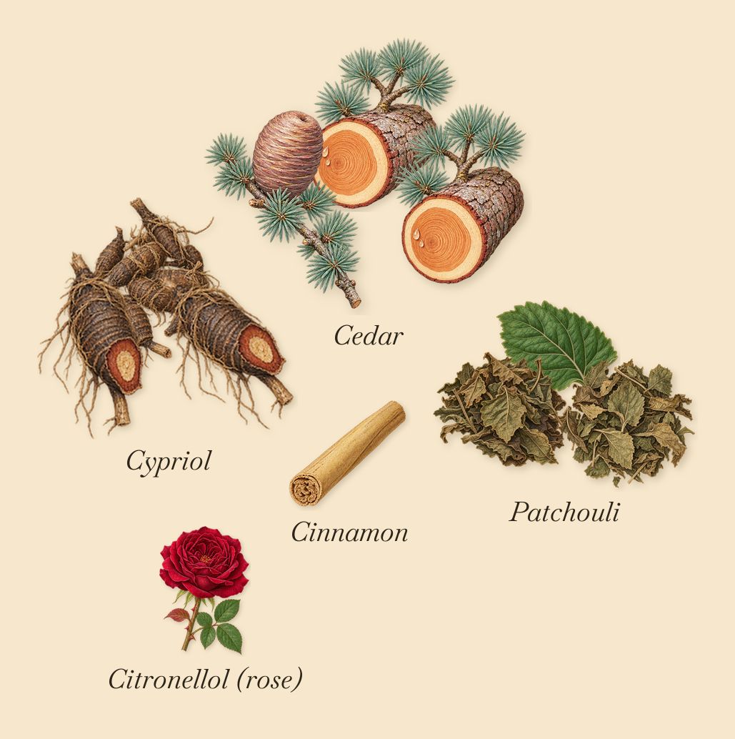 Fleur de Maté, as it settles: Cedar, Patchouli, Cypriol, Cinnamon, Citronellol (rose)