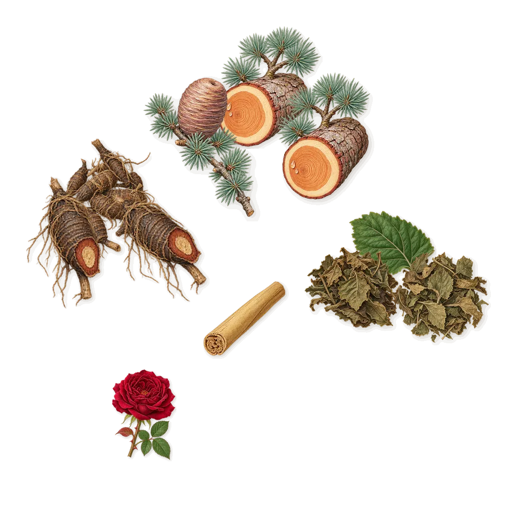 Fleur de Maté, as it settles: Cedar, Patchouli, Cypriol, Cinnamon, Citronellol (rose)