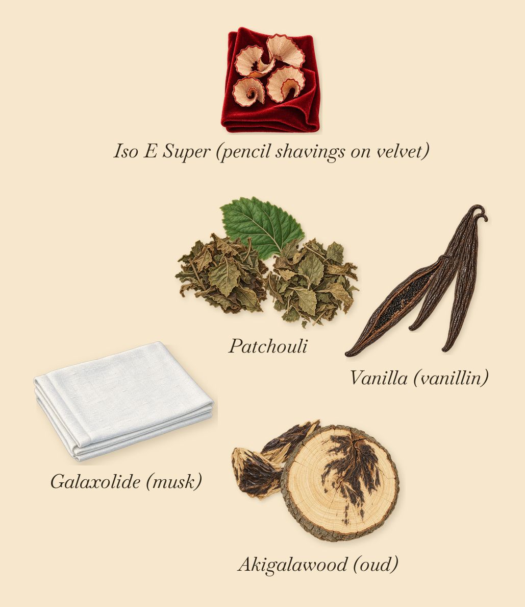 Patchouli Précieux, what stays: Patchouli, Akigalawood (oud), Vanilla (vanillin), Galaxolide (musk), Iso E Super (pencil shavings on velvet)