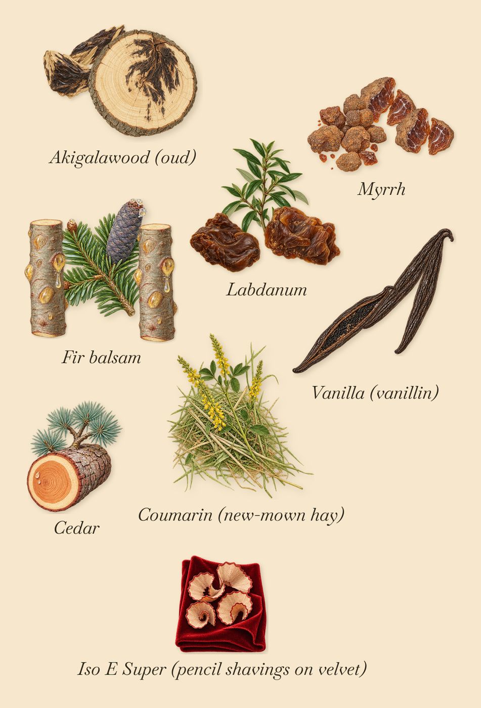 Rêve de Myrrhe, what stays: Vanilla (vanillin), Fir balsam, Labdanum, Myrrh, Akigalawood (oud), Cedar, Iso E Super (pencil shavings on velvet), Coumarin (new-mown hay)