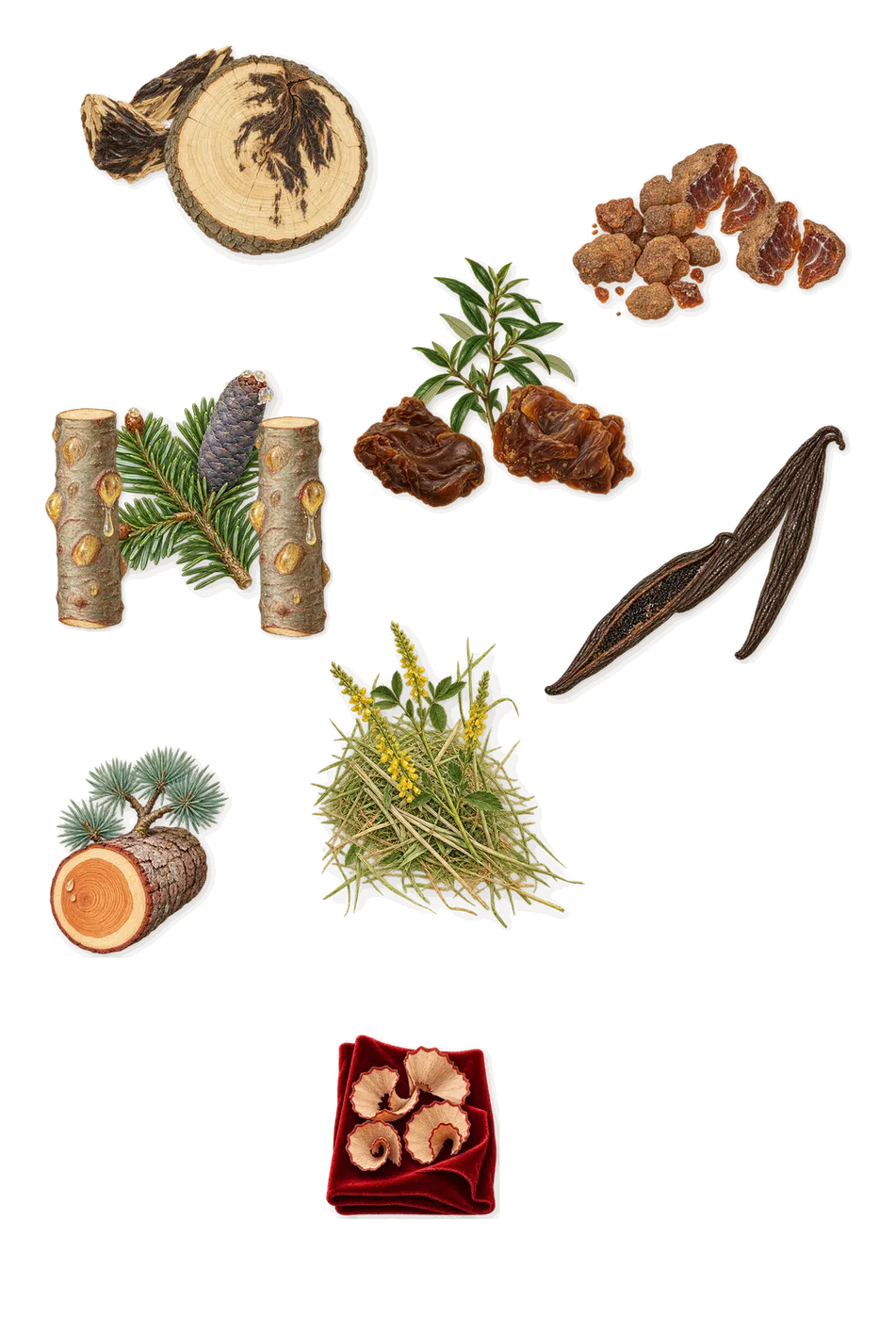 Rêve de Myrrhe, what stays: Vanilla (vanillin), Fir balsam, Labdanum, Myrrh, Akigalawood (oud), Cedar, Iso E Super (pencil shavings on velvet), Coumarin (new-mown hay)