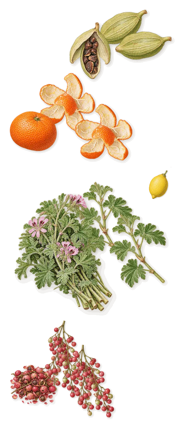Rose Flamboyante, when you spray it: Mandarin, Pink pepper, Cardamom, Geranium, Lemon