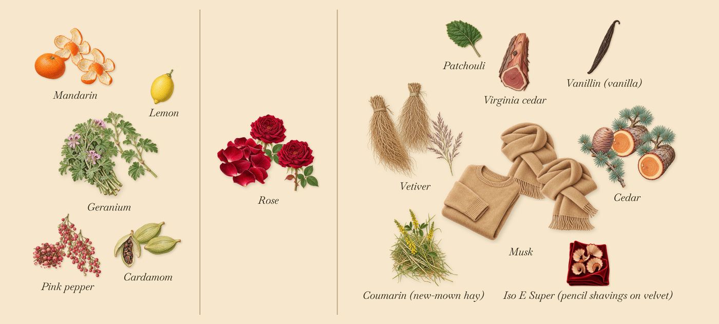 Rose Flamboyante’s scent picture, a draft: mandarin, pink pepper, cardamom, rose, cedar, vetiver drawn so far; dashed outlines where nothing is drawn yet