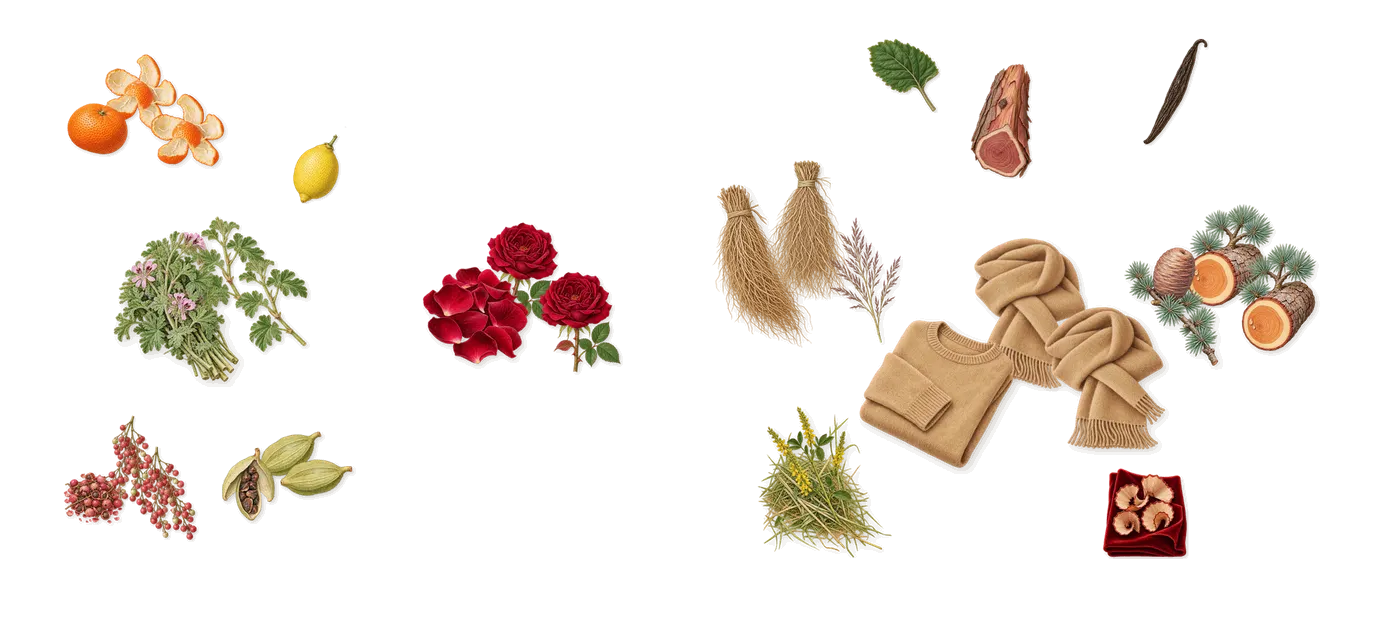 Rose Flamboyante’s scent picture, a draft: mandarin, pink pepper, cardamom, rose, cedar, vetiver drawn so far; dashed outlines where nothing is drawn yet