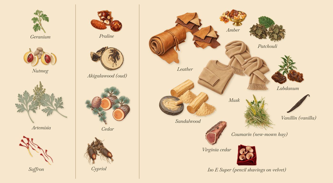 Safran Royal’s scent picture, a draft: saffron, artemisia, nutmeg, cedar, praline, cypriol drawn so far; dashed outlines where nothing is drawn yet