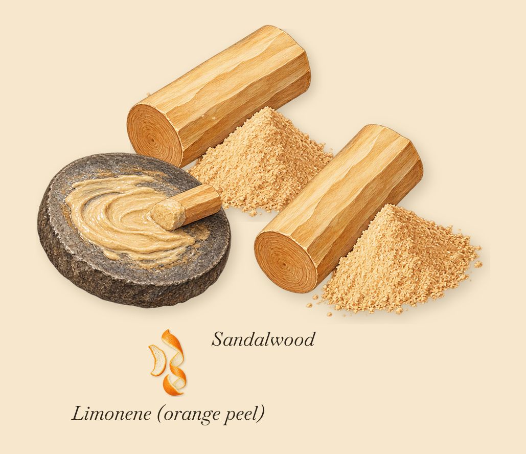 Santal Boisé, when you spray it: Sandalwood, Limonene (orange peel)