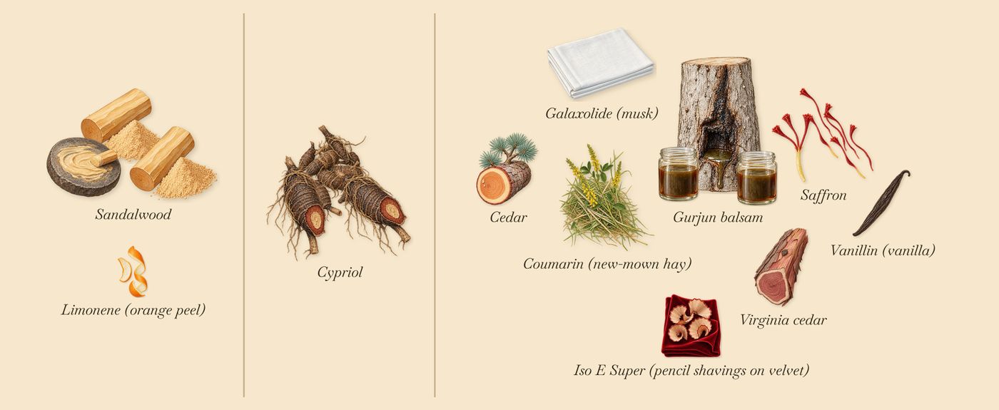 Santal Boisé’s scent picture, a draft: sandalwood, cypriol, gurjun balsam, saffron, virginia cedar, cedar drawn so far; dashed outlines where nothing is drawn yet