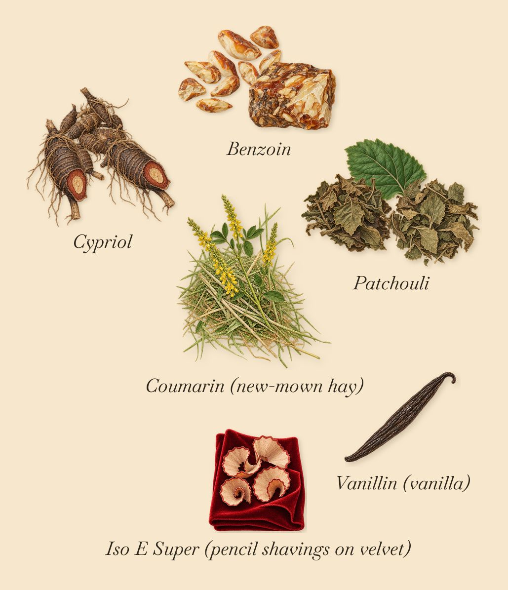 Tabac Impérial, what stays: Patchouli, Cypriol, Benzoin, Iso E Super (pencil shavings on velvet), Vanillin (vanilla), Coumarin (new-mown hay)