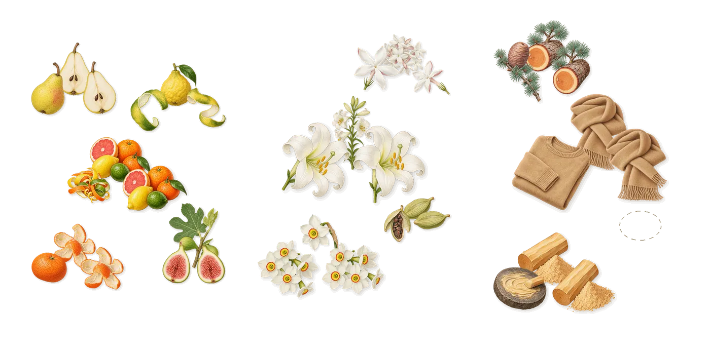 Versense’s scent picture, a draft: bergamot, citrus notes, mandarin, fig, pear, cardamom drawn so far; dashed outlines where nothing is drawn yet