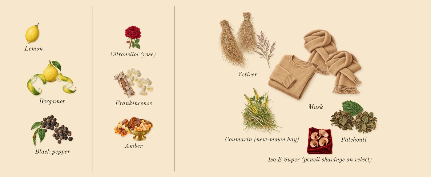 Portofino '97’s scent picture, a draft: bergamot, black pepper, amber, frankincense, vetiver, patchouli drawn so far; dashed outlines where nothing is drawn yet
