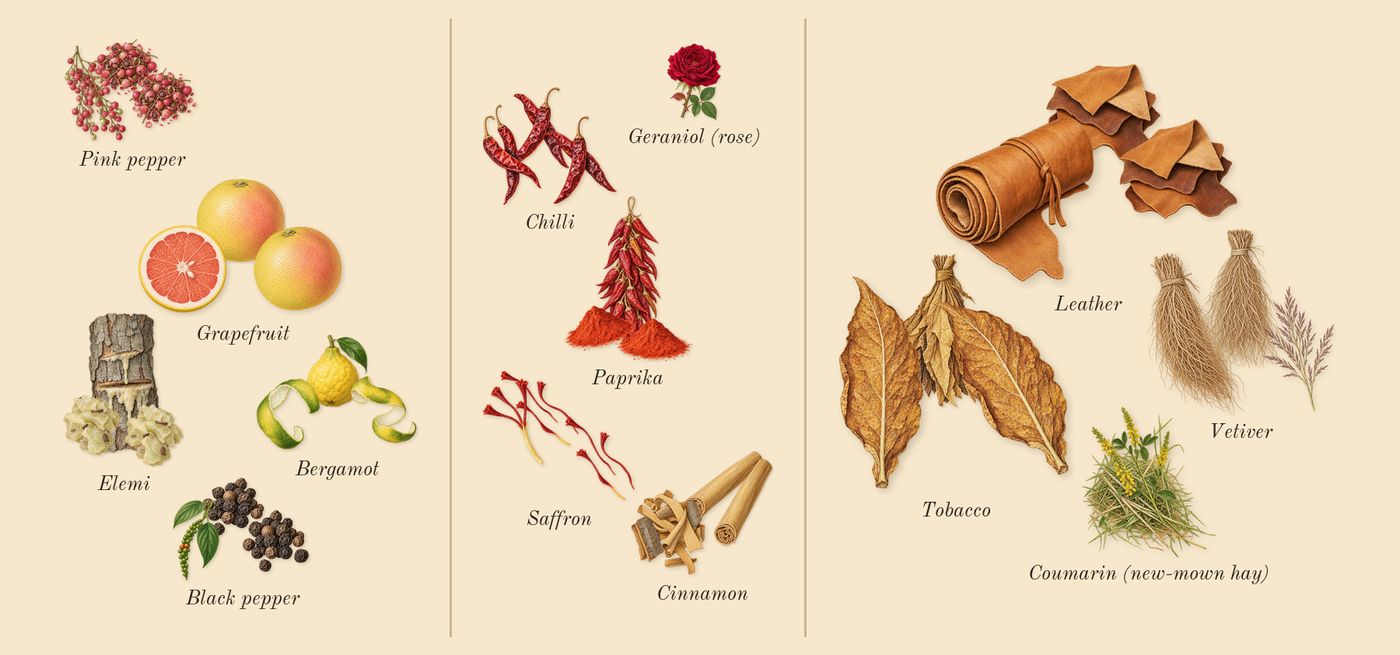 Spicebomb’s scent picture, a draft: pink pepper, elemi, bergamot, grapefruit, cinnamon, saffron drawn so far; dashed outlines where nothing is drawn yet