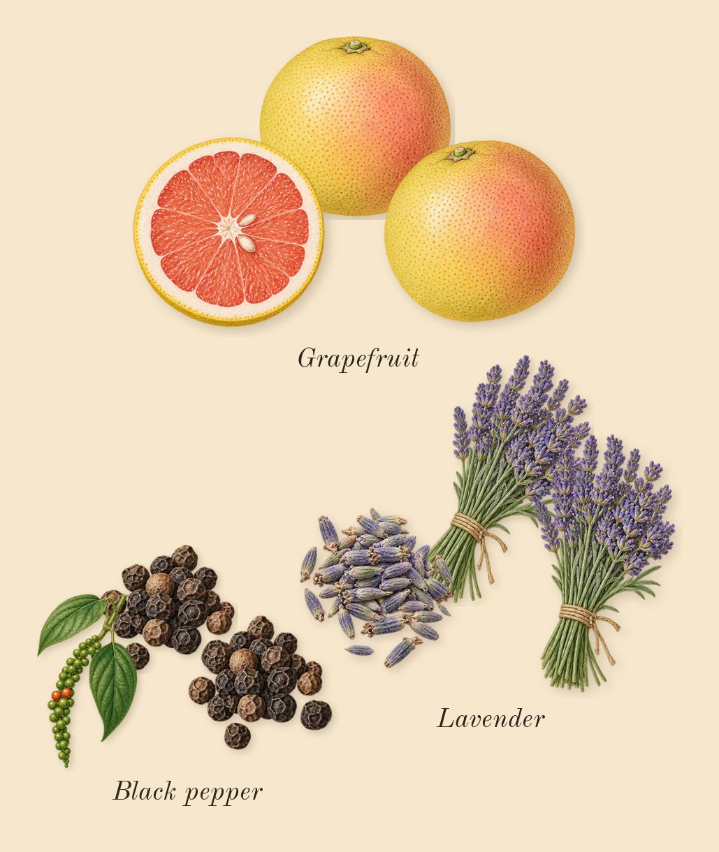 Spicebomb Extreme, top notes: Black pepper, Lavender, Grapefruit