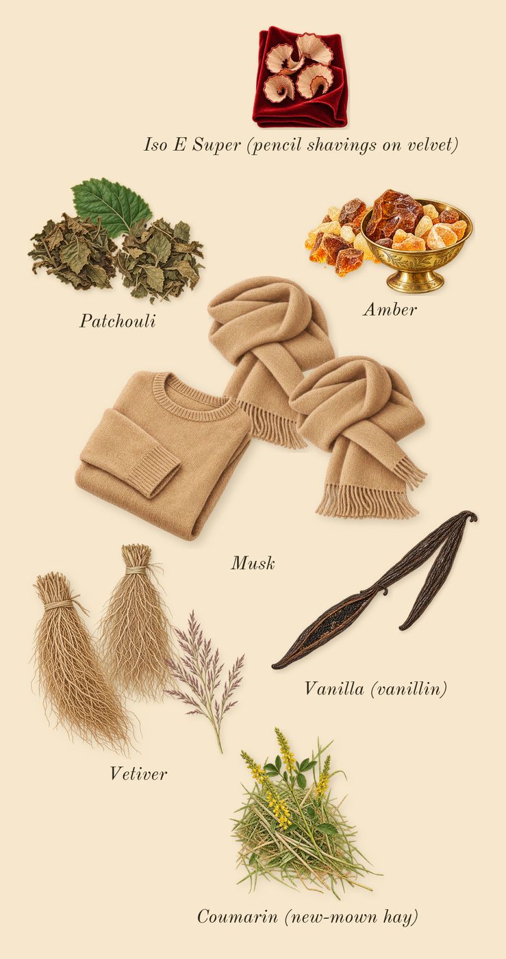 Accento, dry-down: Amber, Musk, Vanilla (vanillin), Patchouli, Vetiver, Iso E Super (pencil shavings on velvet), Coumarin (new-mown hay)