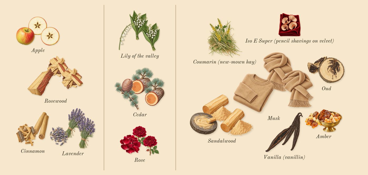 Alexandria II’s scent picture, a draft: apple, cinnamon, lavender, rosewood, cedar, lily of the valley drawn so far; dashed outlines where nothing is drawn yet