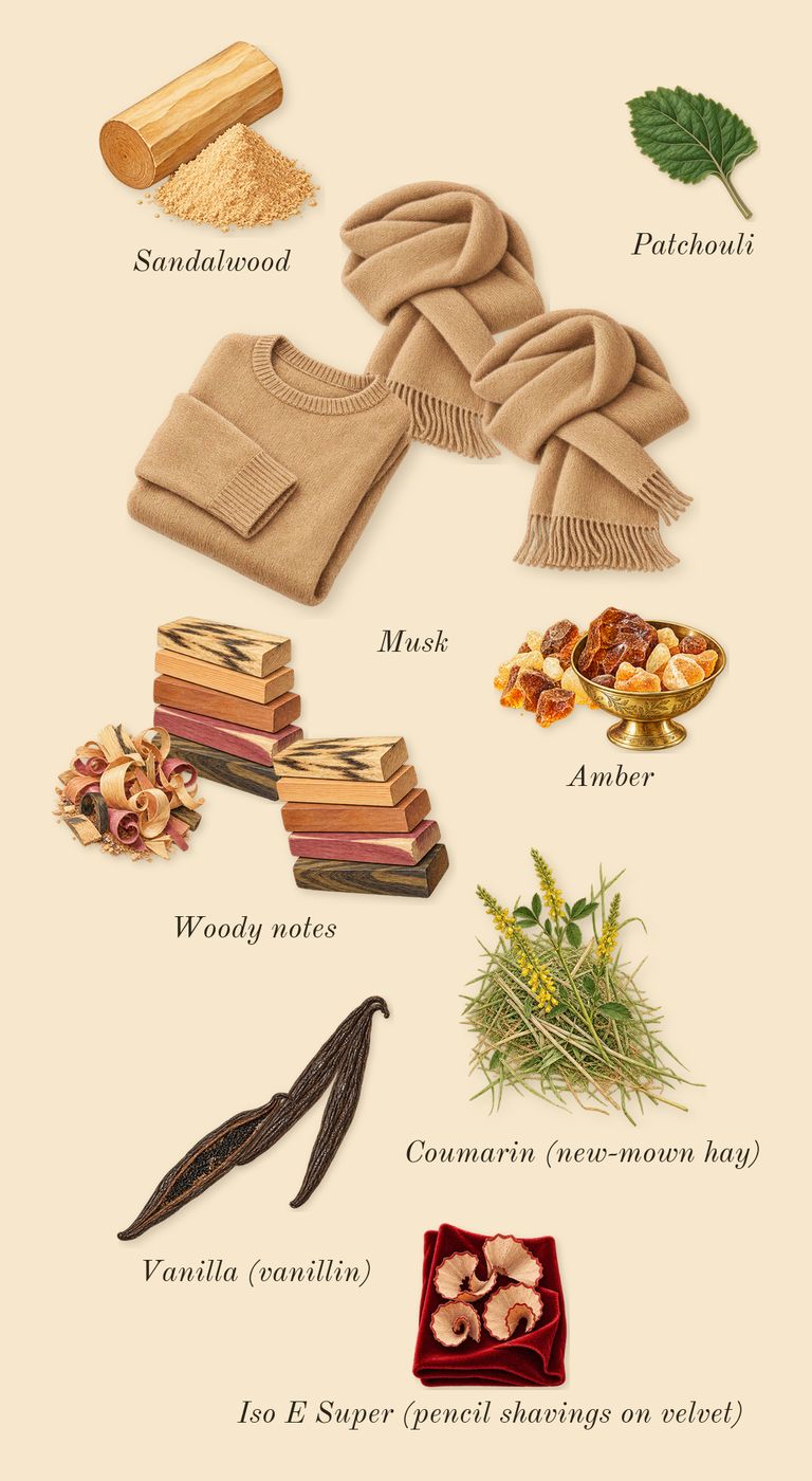 Erba Gold, dry-down: Amber, Vanilla (vanillin), Musk, Woody notes, Patchouli, Sandalwood, Iso E Super (pencil shavings on velvet), Coumarin (new-mown hay)