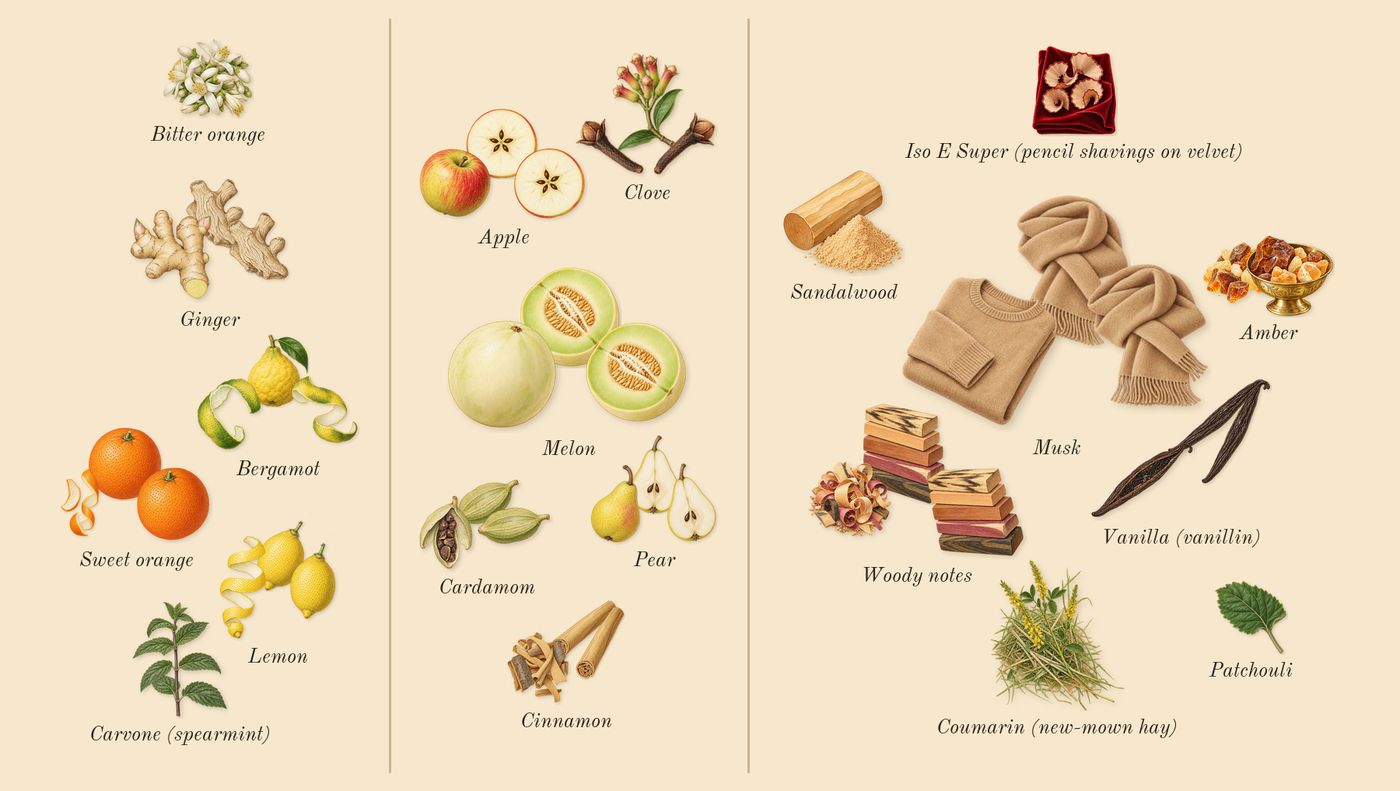 Erba Gold’s scent picture, a draft: lemon, sweet orange, bergamot, ginger, clove, apple drawn so far; dashed outlines where nothing is drawn yet