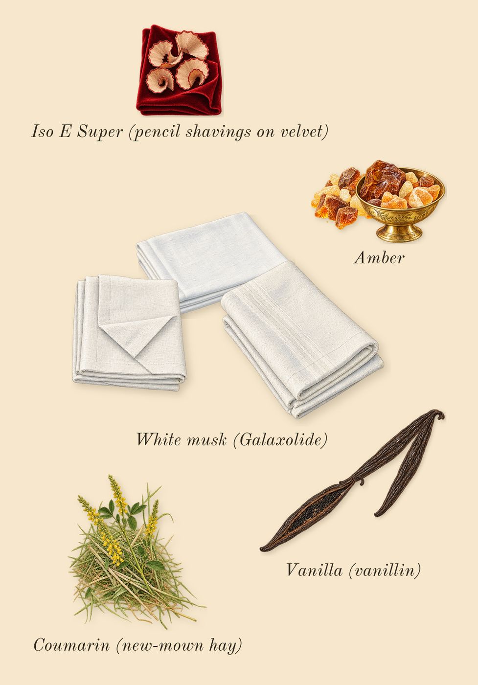 Erba Pura, dry-down: Amber, Vanilla (vanillin), White musk (Galaxolide), Iso E Super (pencil shavings on velvet), Coumarin (new-mown hay)