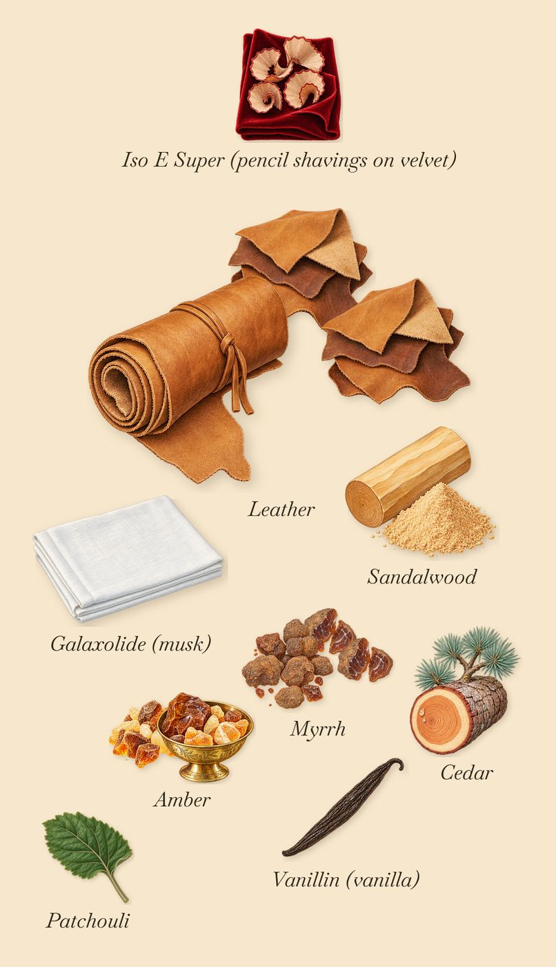 Fierezza, what stays: Amber, Myrrh, Leather, Cedar, Patchouli, Sandalwood, Galaxolide (musk), Iso E Super (pencil shavings on velvet), Vanillin (vanilla)