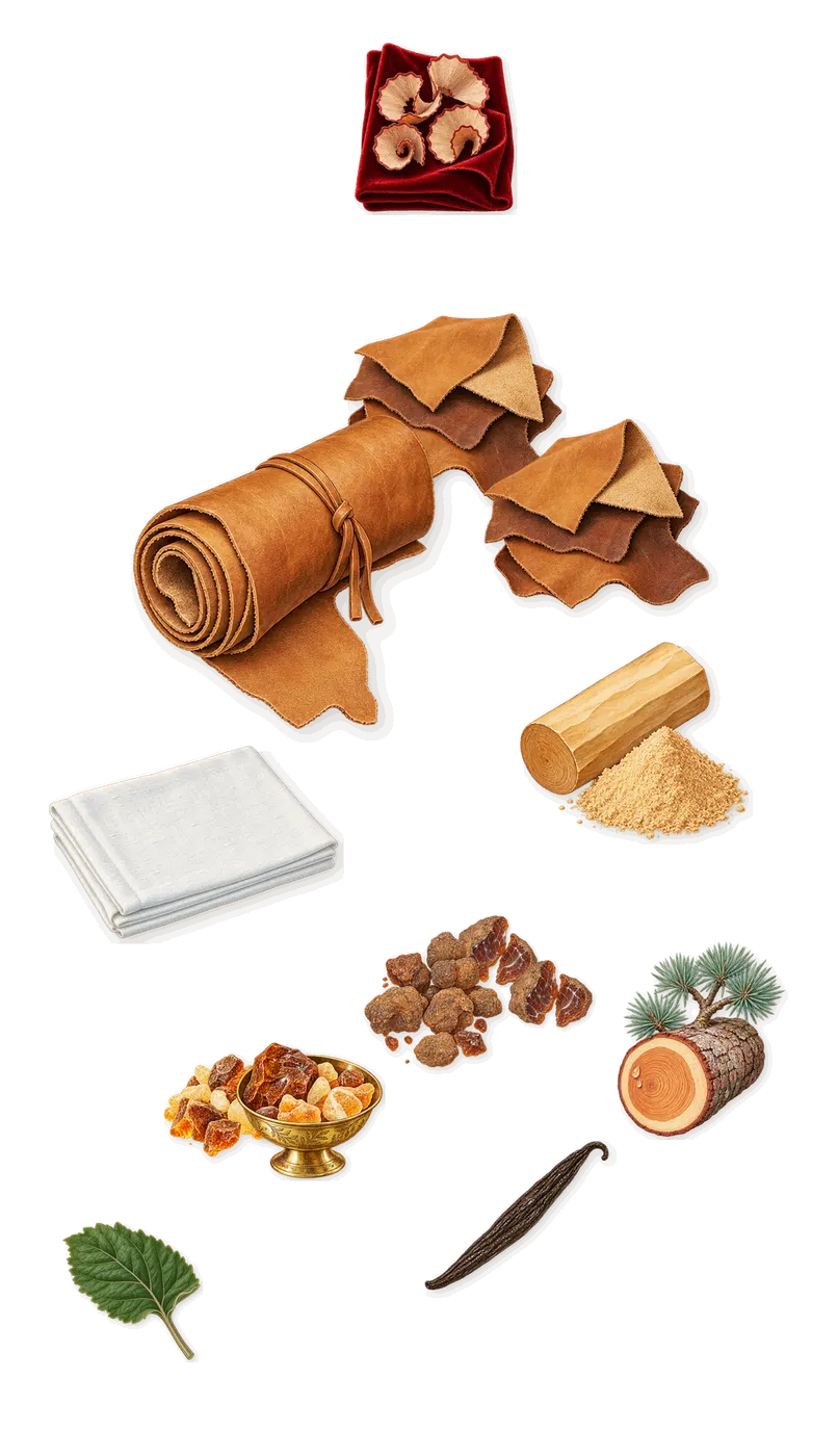 Fierezza, what stays: Amber, Myrrh, Leather, Cedar, Patchouli, Sandalwood, Galaxolide (musk), Iso E Super (pencil shavings on velvet), Vanillin (vanilla)