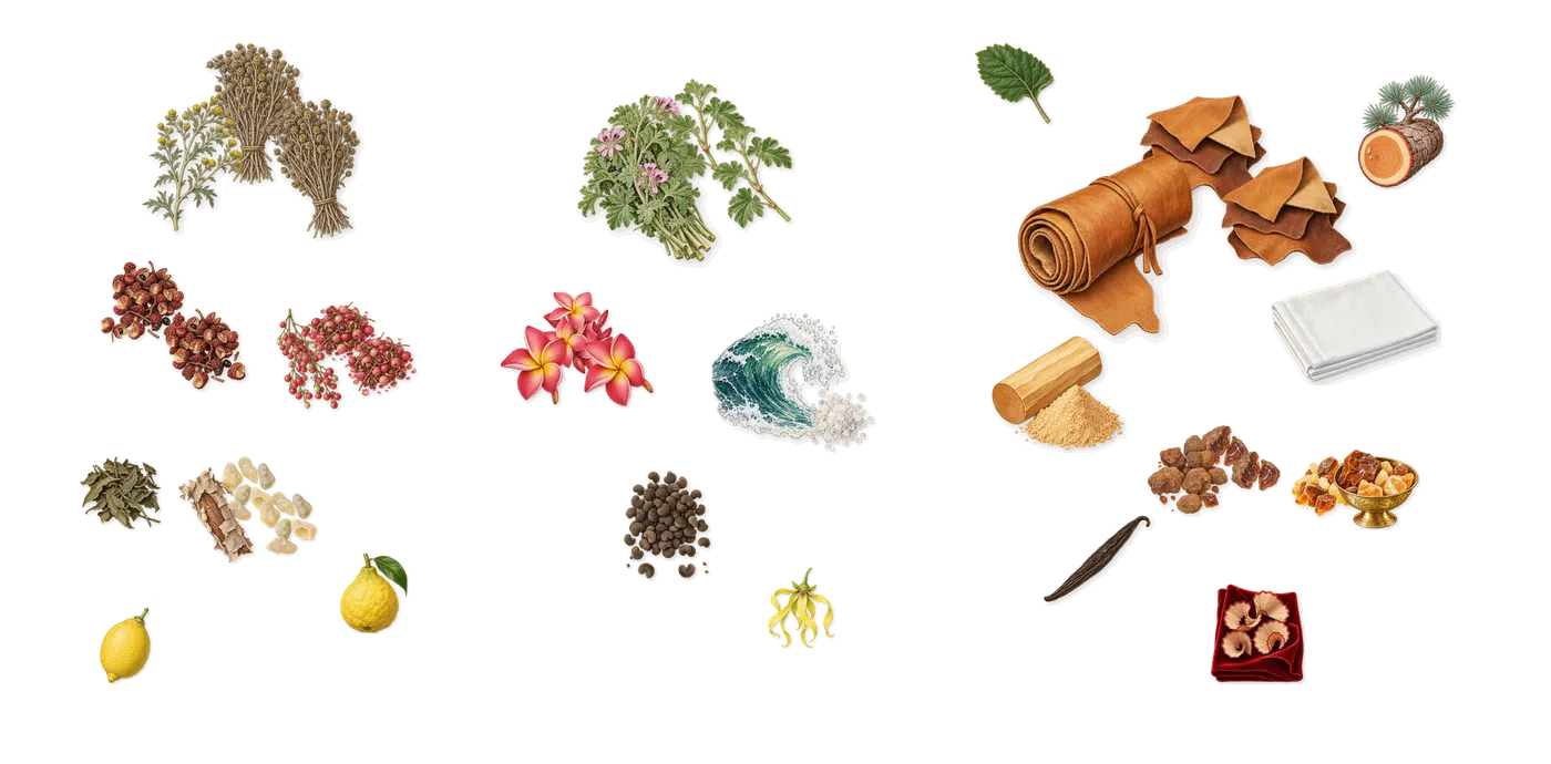 Fierezza’s scent picture, a draft: pink pepper, davana, sichuan pepper, frankincense, geranium, marine notes drawn so far; dashed outlines where nothing is drawn yet