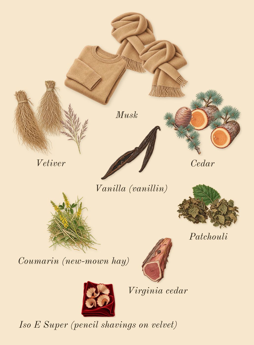 Opera, dry-down: Cedar, Vetiver, Musk, Patchouli, Vanilla (vanillin), Virginia cedar, Iso E Super (pencil shavings on velvet), Coumarin (new-mown hay)