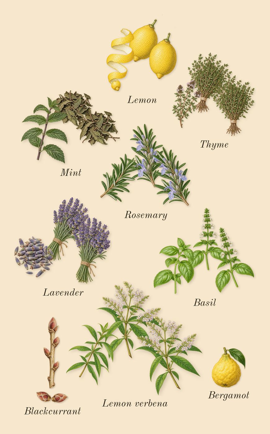 Torino21, top notes: Basil, Blackcurrant, Lavender, Lemon, Mint, Rosemary, Thyme, Lemon verbena, Bergamot