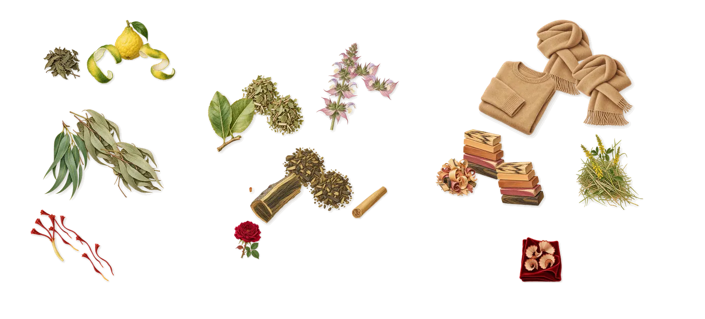Torino22’s scent picture, a draft: eucalyptus, bergamot, saffron, clary sage, guaiacwood, mate drawn so far; dashed outlines where nothing is drawn yet
