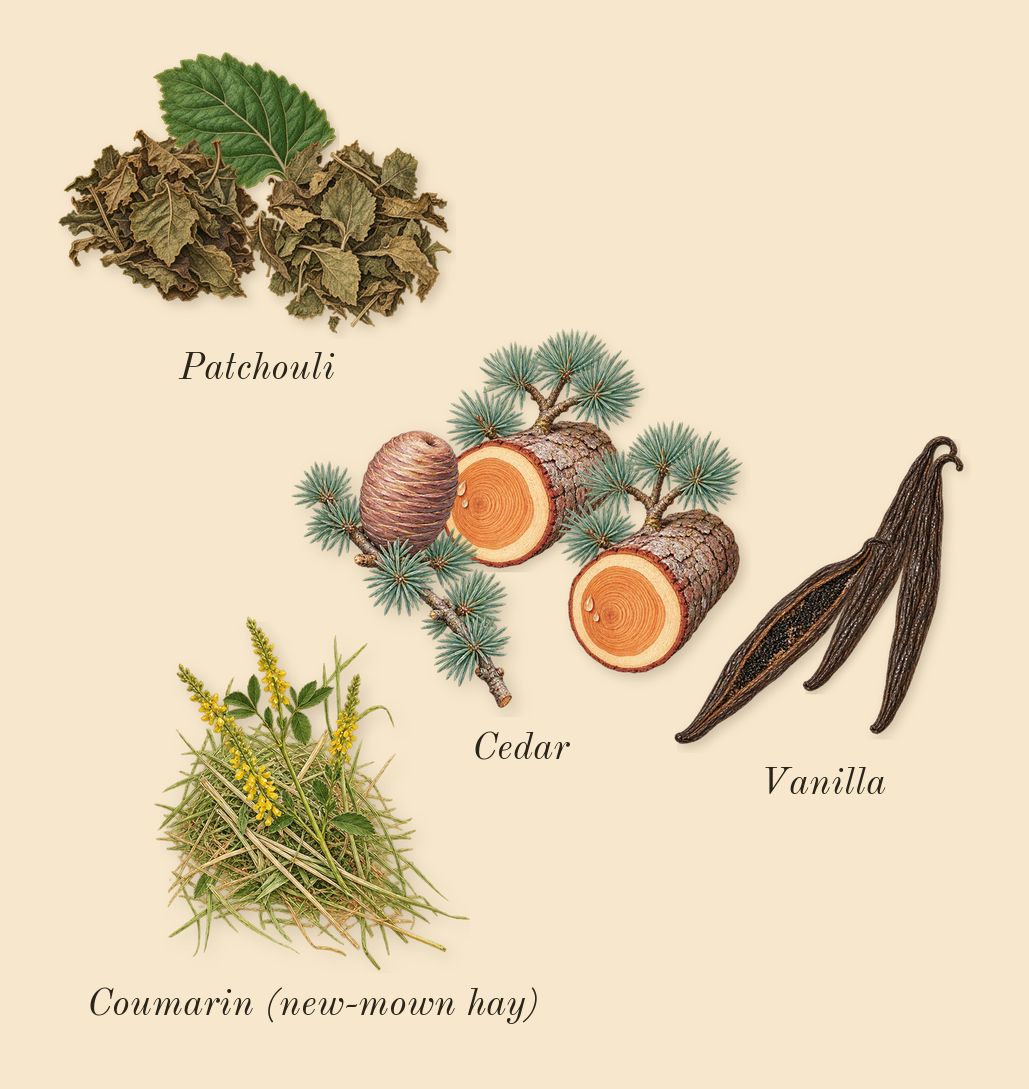 Black Opium, dry-down: Cedar, Patchouli, Vanilla, Coumarin (new-mown hay)
