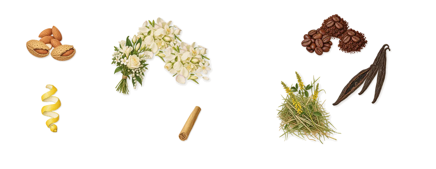 Black Opium Le Parfum’s scent picture, a draft: white flowers, vanilla, coffee, almond, coumarin (new-mown hay), citral (lemon) drawn so far; dashed outlines where nothing is drawn yet